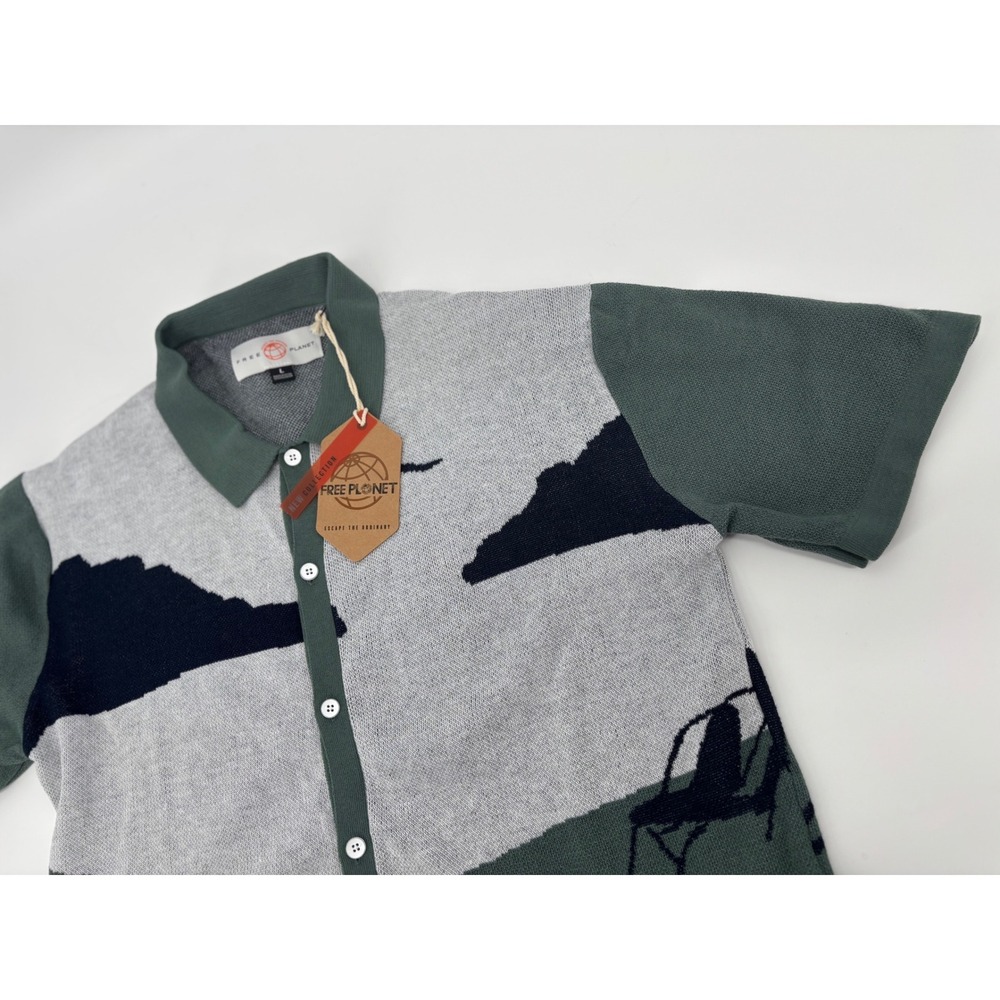 Free Planet Mens Knit Polo Shirt Sage Forest Landscape Button Up FV9W69SGF L